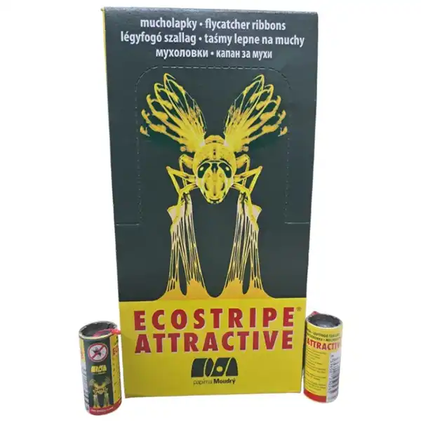 Клейка стрічка Ecostripe Чехія для боротьби з усіма видами комах, що літають. Зручна у використанні на об'єктах різного типу без обмежень Липка стрічка від мух Ecostripe Чехія 100 шт/уп
